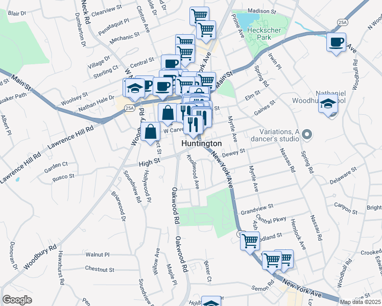 map of restaurants, bars, coffee shops, grocery stores, and more near 22 High Street in Huntington