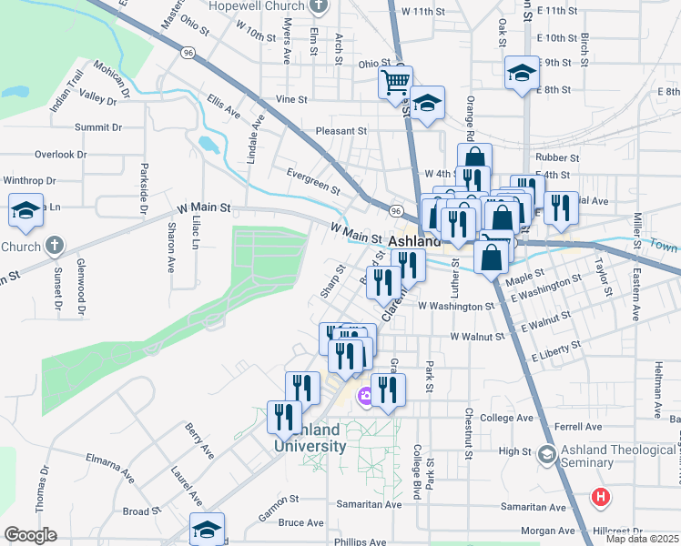 map of restaurants, bars, coffee shops, grocery stores, and more near 311 Sharp Street in Ashland