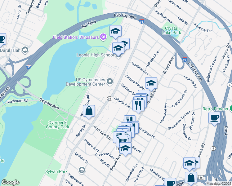 map of restaurants, bars, coffee shops, grocery stores, and more near 469 Grand Avenue in Leonia