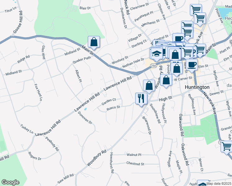 map of restaurants, bars, coffee shops, grocery stores, and more near 65 Carley Avenue in Huntington