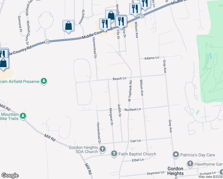 map of restaurants, bars, coffee shops, grocery stores, and more near 85 Margaret Drive in Coram