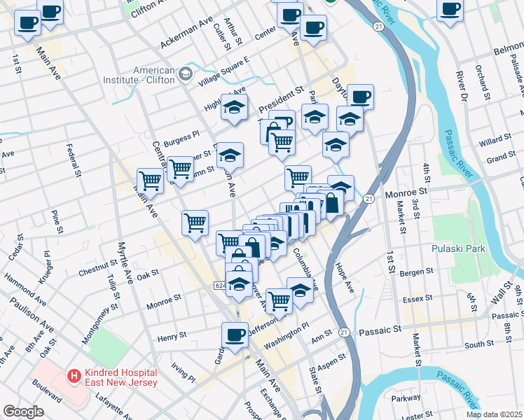 map of restaurants, bars, coffee shops, grocery stores, and more near 101 Van Buren Street in Passaic