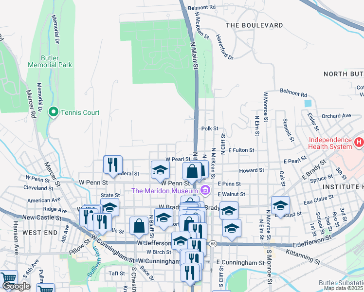map of restaurants, bars, coffee shops, grocery stores, and more near 519 North Washington Street in Butler