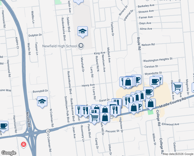 map of restaurants, bars, coffee shops, grocery stores, and more near 6 Ruland Road North in Selden