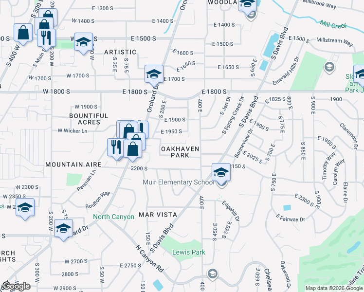 map of restaurants, bars, coffee shops, grocery stores, and more near 296 East 2050 South in Bountiful