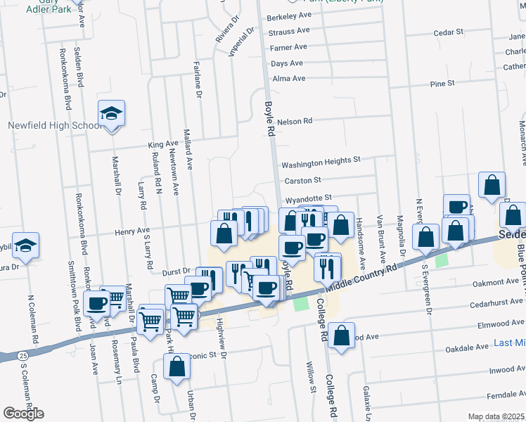 map of restaurants, bars, coffee shops, grocery stores, and more near 8 Village Lane in Selden