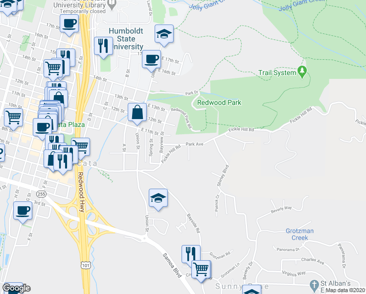map of restaurants, bars, coffee shops, grocery stores, and more near 535 Park Avenue in Arcata