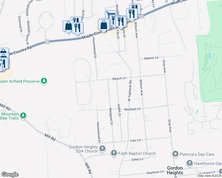 map of restaurants, bars, coffee shops, grocery stores, and more near 85 Margaret Drive in Coram