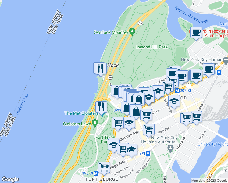 map of restaurants, bars, coffee shops, grocery stores, and more near 25 Staff Street in New York