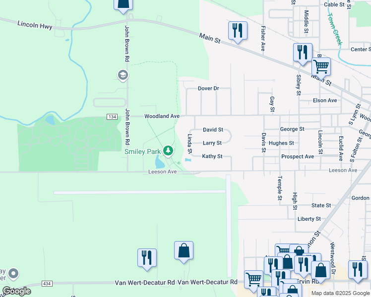 map of restaurants, bars, coffee shops, grocery stores, and more near 1425 Leeson Avenue in Van Wert