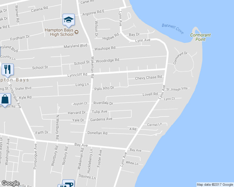 map of restaurants, bars, coffee shops, grocery stores, and more near 13 Lovell Road in Hampton Bays