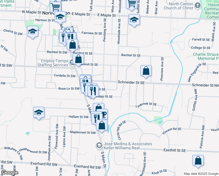 map of restaurants, bars, coffee shops, grocery stores, and more near 415 Rose Lane Street Southeast in North Canton