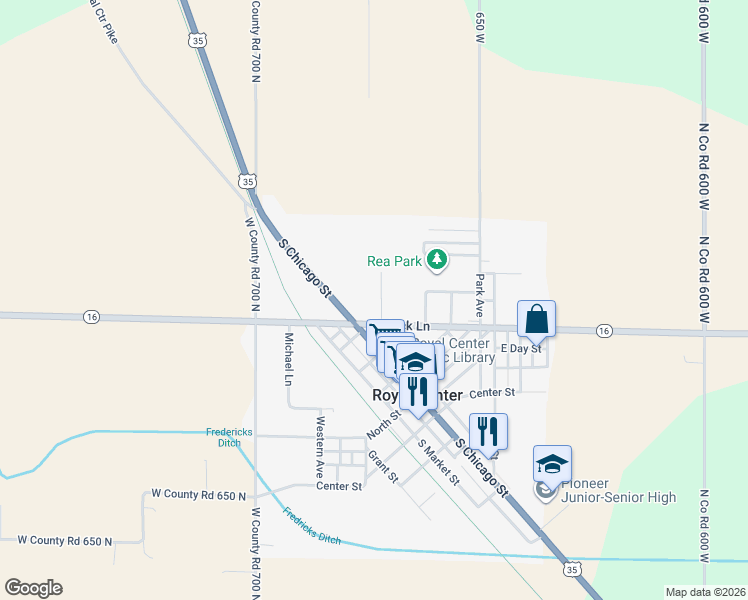 map of restaurants, bars, coffee shops, grocery stores, and more near 105 Franklin Street in Royal Center