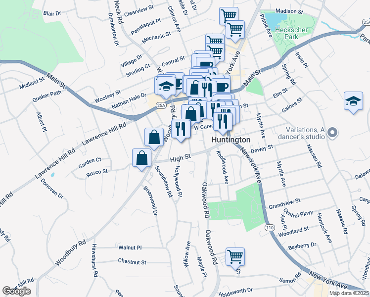 map of restaurants, bars, coffee shops, grocery stores, and more near 83 Prospect Street in Huntington