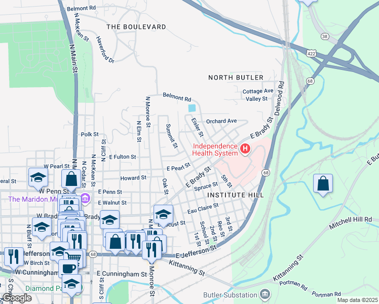 map of restaurants, bars, coffee shops, grocery stores, and more near 555 2nd Street in Butler