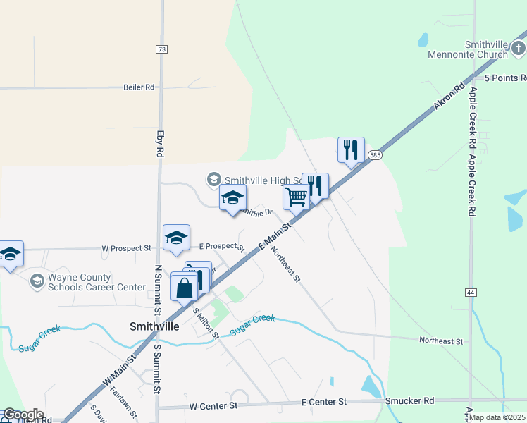 map of restaurants, bars, coffee shops, grocery stores, and more near 484 East Main Street in Smithville