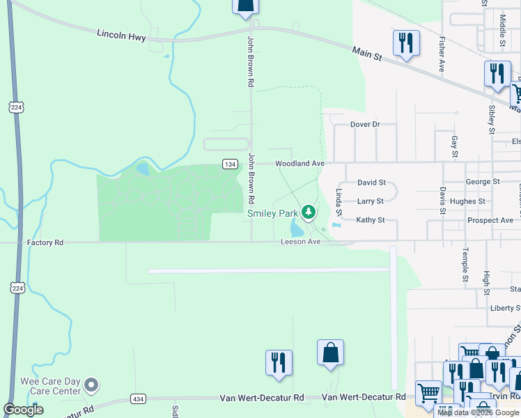 map of restaurants, bars, coffee shops, grocery stores, and more near 9389 John Brown Road in Van Wert