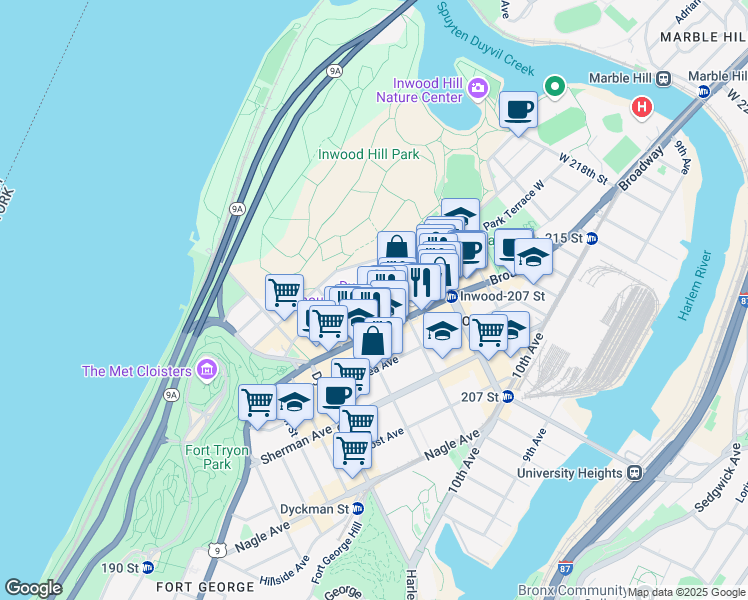 map of restaurants, bars, coffee shops, grocery stores, and more near 10 Cooper Street in New York