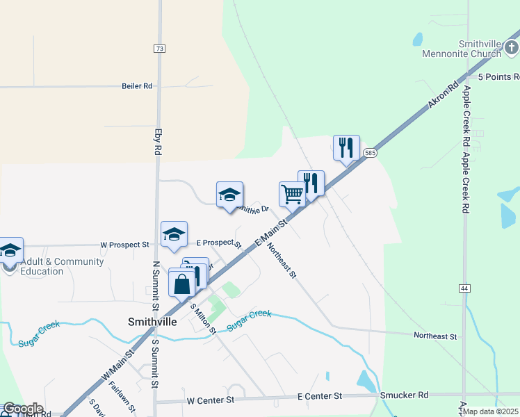 map of restaurants, bars, coffee shops, grocery stores, and more near 484 East Main Street in Smithville