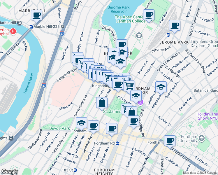 map of restaurants, bars, coffee shops, grocery stores, and more near in The Bronx
