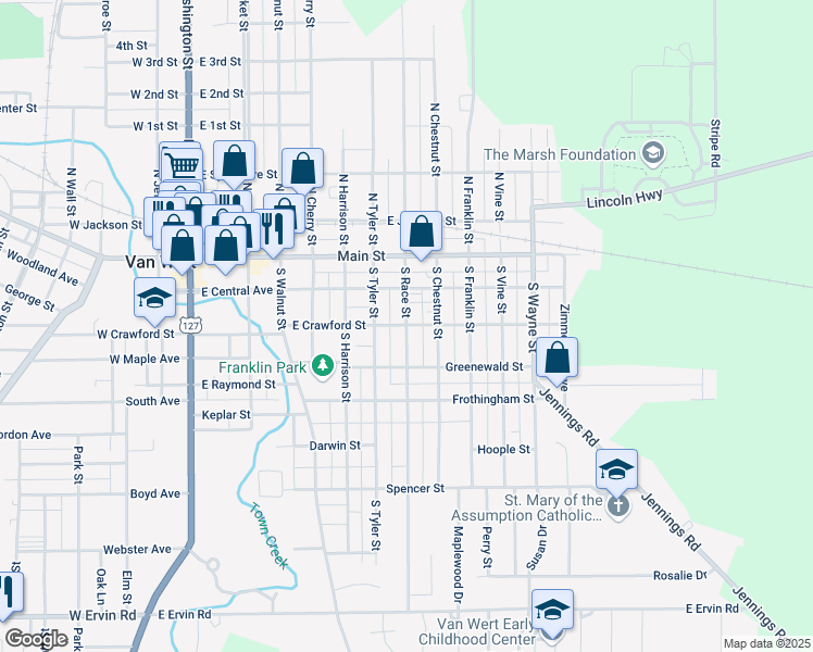 map of restaurants, bars, coffee shops, grocery stores, and more near 301 South Race Street in Van Wert