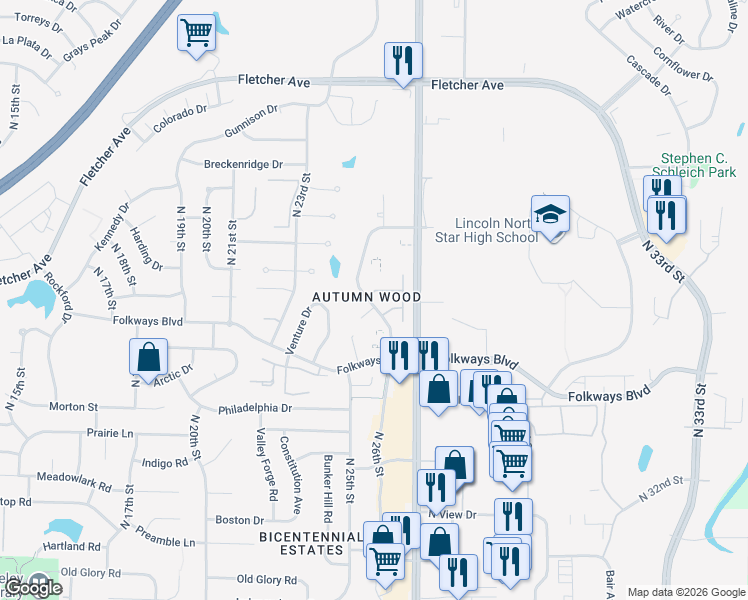 map of restaurants, bars, coffee shops, grocery stores, and more near 5562 Enterprise Drive in Lincoln