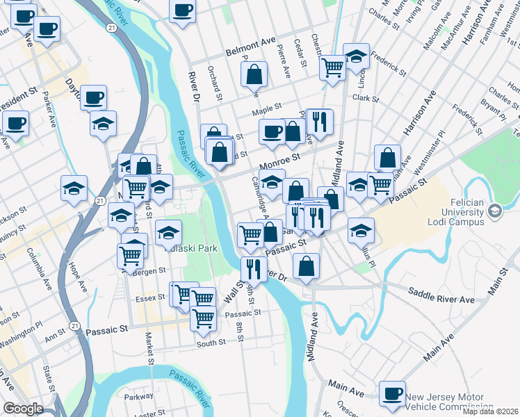 map of restaurants, bars, coffee shops, grocery stores, and more near 91 Cambridge Avenue in Garfield