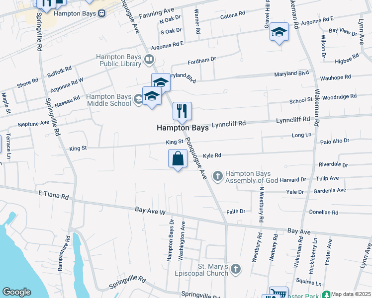 map of restaurants, bars, coffee shops, grocery stores, and more near 88 Ponquogue Avenue in Hampton Bays