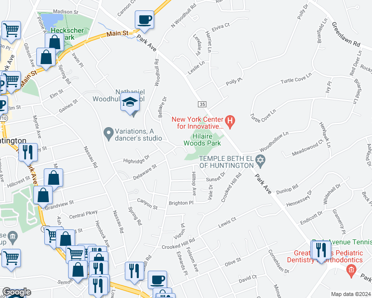 map of restaurants, bars, coffee shops, grocery stores, and more near 13 Hilaire Drive in Huntington