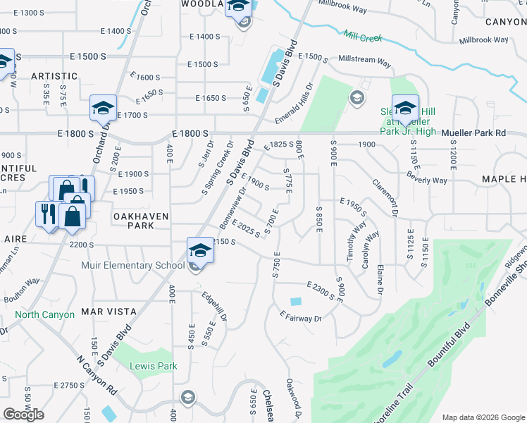 map of restaurants, bars, coffee shops, grocery stores, and more near 1993 South 675 East in Bountiful