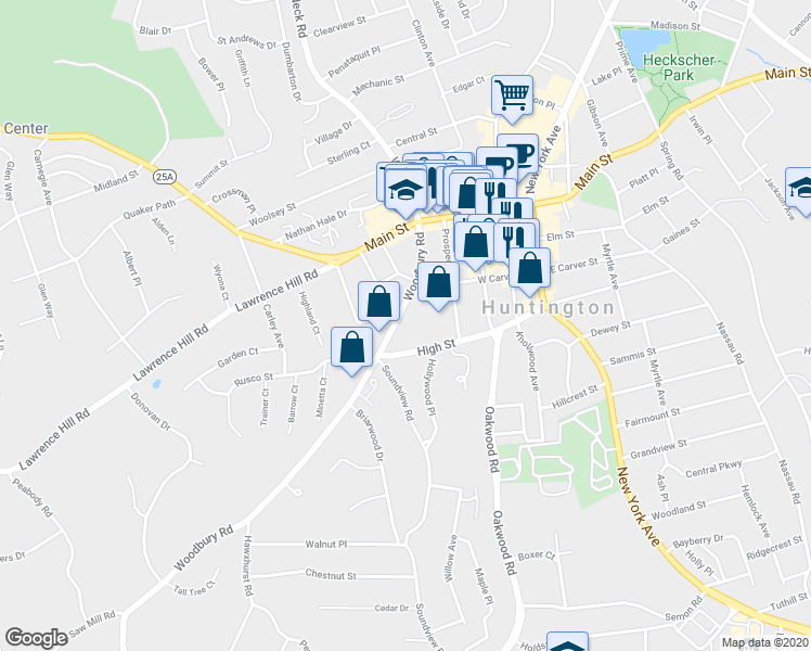 map of restaurants, bars, coffee shops, grocery stores, and more near 109 High Street in Huntington