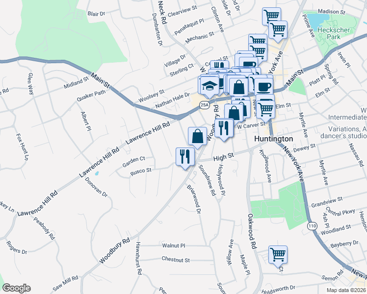 map of restaurants, bars, coffee shops, grocery stores, and more near 49 Hillside Avenue in Huntington