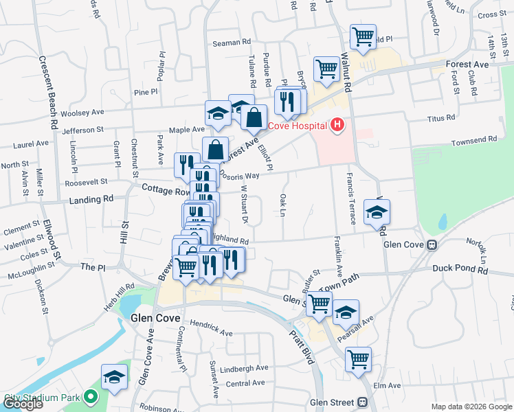 map of restaurants, bars, coffee shops, grocery stores, and more near 9 East Stuart Drive in Glen Cove