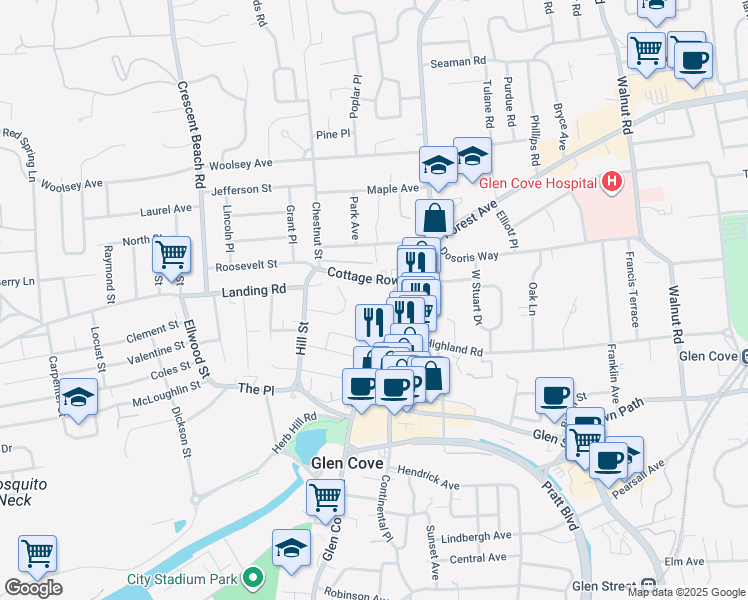 map of restaurants, bars, coffee shops, grocery stores, and more near 77 School Street in Glen Cove