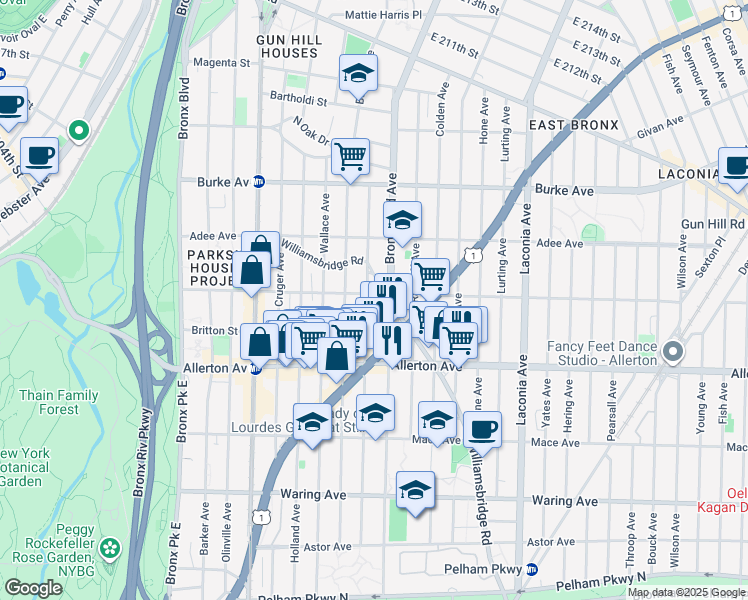 map of restaurants, bars, coffee shops, grocery stores, and more near 2902 Williamsbridge Road in The Bronx