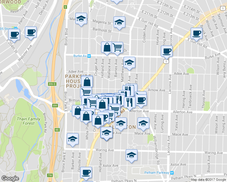 map of restaurants, bars, coffee shops, grocery stores, and more near 2766 Barnes Avenue in Bronx