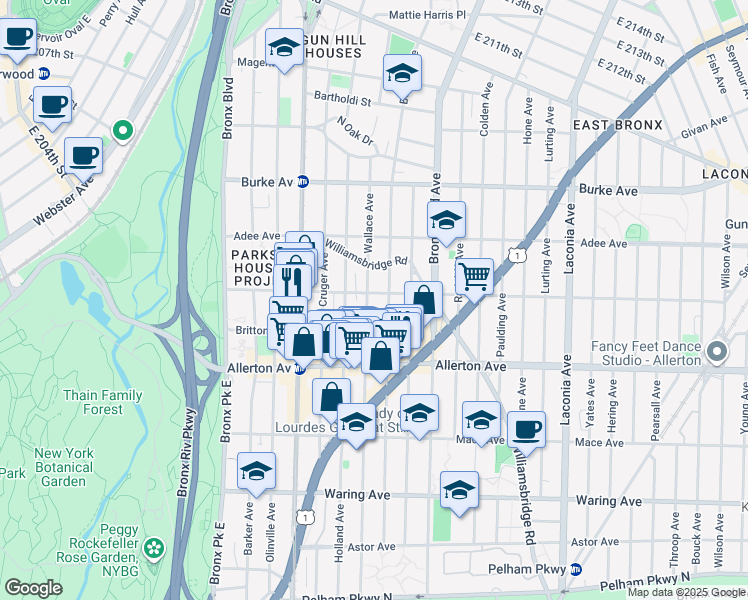 map of restaurants, bars, coffee shops, grocery stores, and more near 2755 Wallace Avenue in Bronx