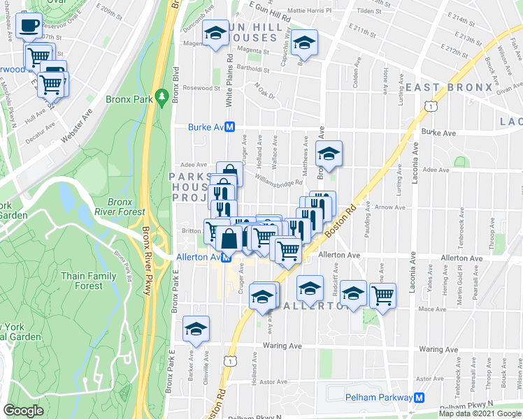 map of restaurants, bars, coffee shops, grocery stores, and more near 2755 Wallace Avenue in Bronx