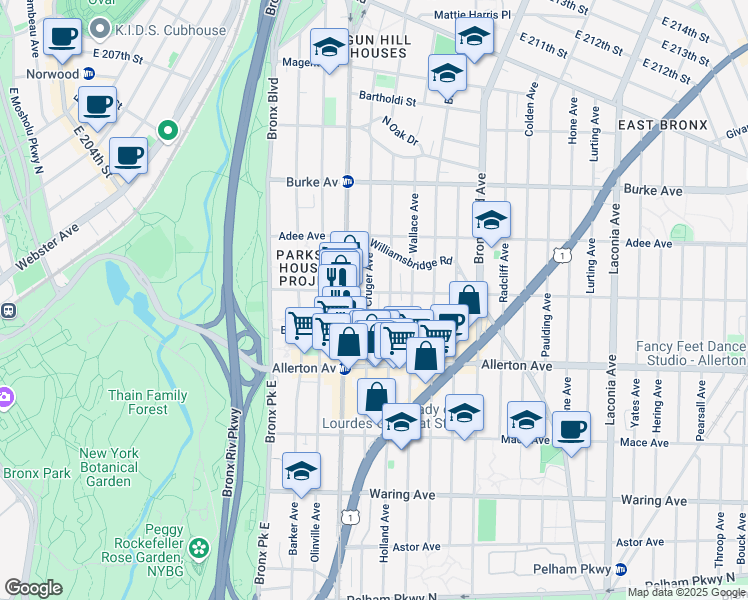 map of restaurants, bars, coffee shops, grocery stores, and more near 2754 Cruger Avenue in The Bronx