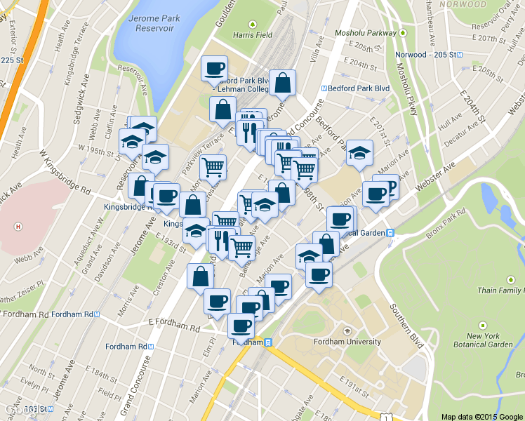 map of restaurants, bars, coffee shops, grocery stores, and more near in The Bronx