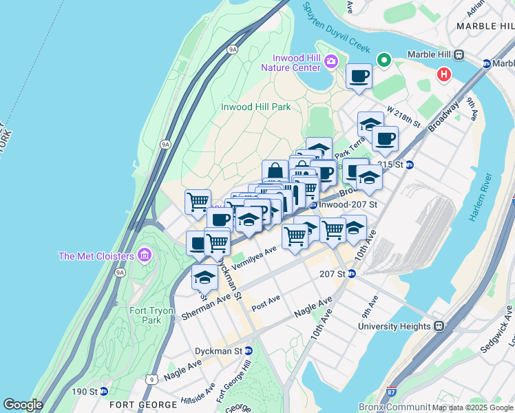 map of restaurants, bars, coffee shops, grocery stores, and more near 10 Cooper Street in New York