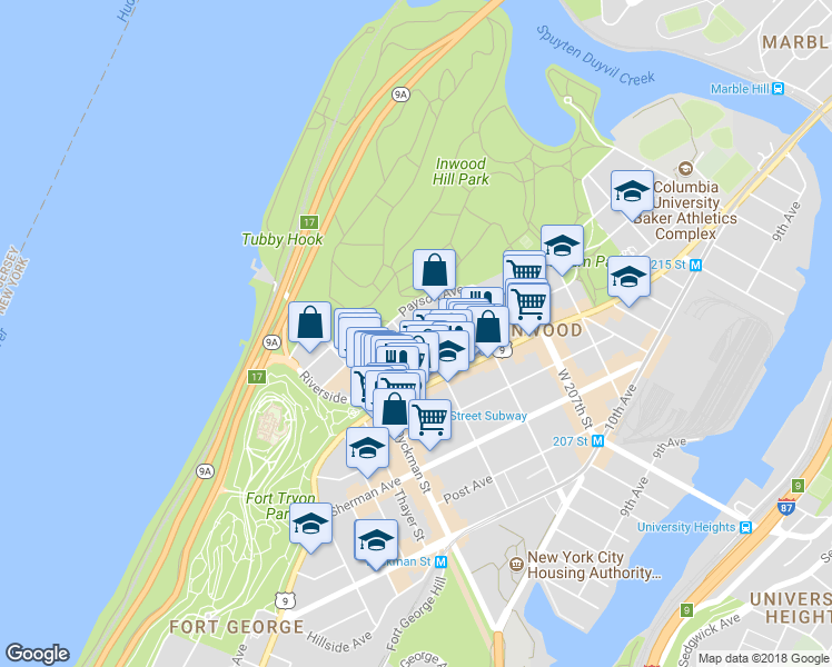 map of restaurants, bars, coffee shops, grocery stores, and more near 49 Seaman Avenue in New York