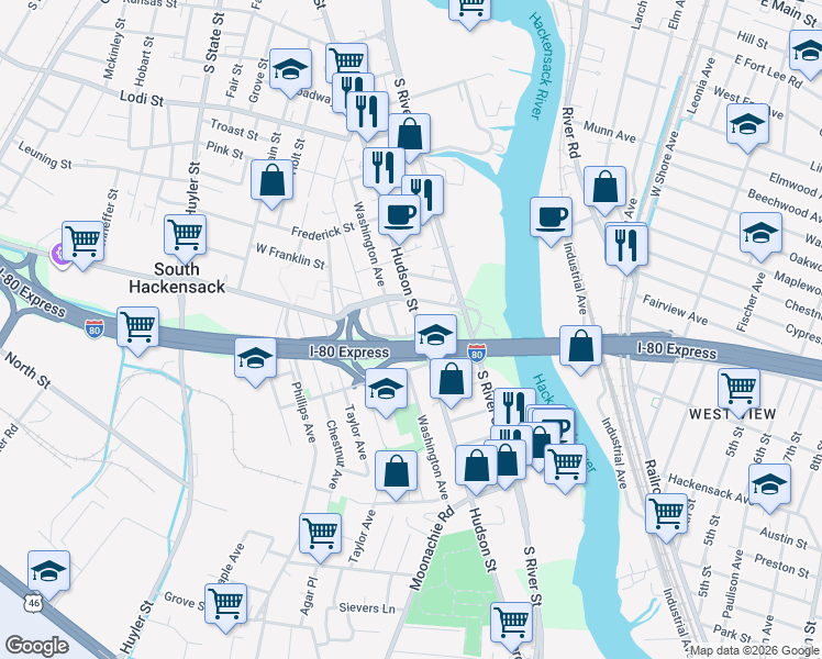 map of restaurants, bars, coffee shops, grocery stores, and more near 347 Hudson Street in Hackensack