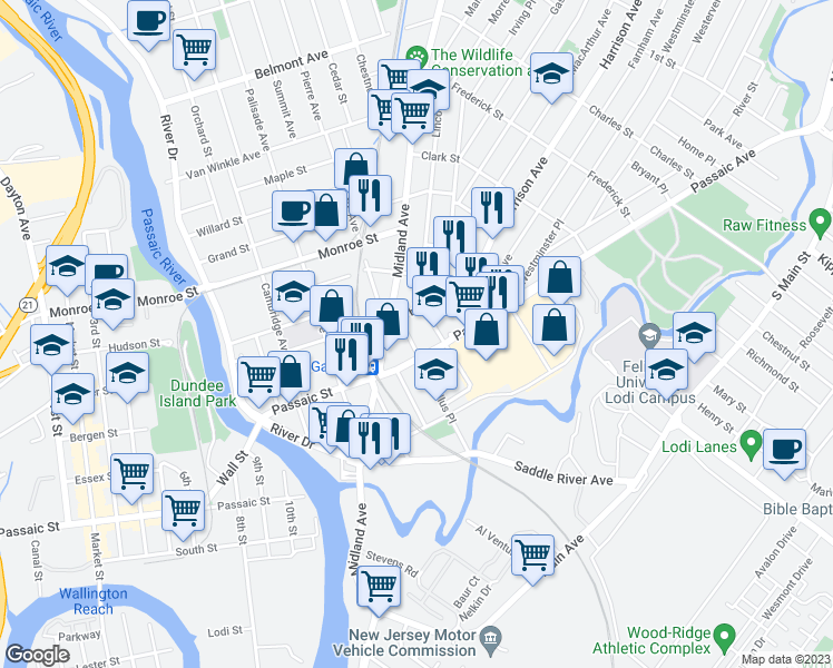 map of restaurants, bars, coffee shops, grocery stores, and more near 115 Marsellus Place in Garfield