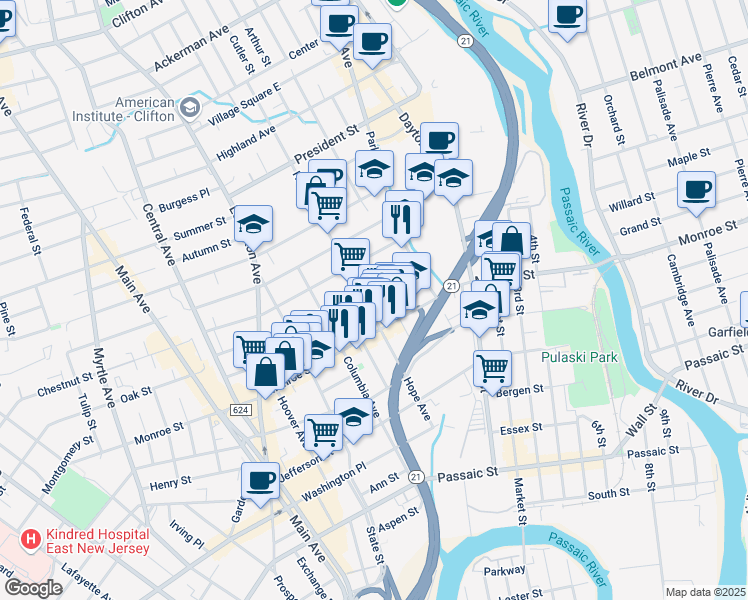 map of restaurants, bars, coffee shops, grocery stores, and more near 44 Quincy Street in Passaic