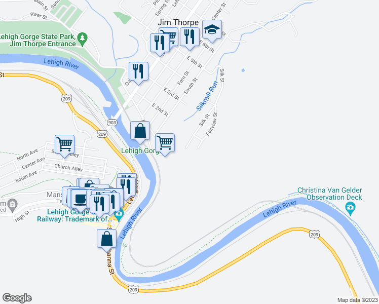 map of restaurants, bars, coffee shops, grocery stores, and more near 110 Silk Street in Jim Thorpe