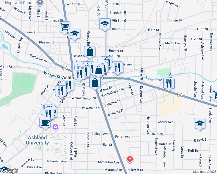 map of restaurants, bars, coffee shops, grocery stores, and more near 128 Maple Street in Ashland