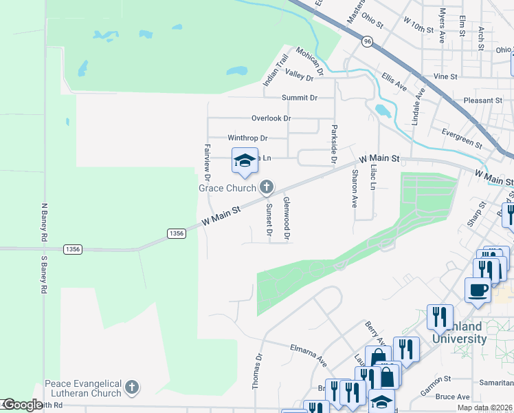map of restaurants, bars, coffee shops, grocery stores, and more near 1160 West Main Street in Ashland
