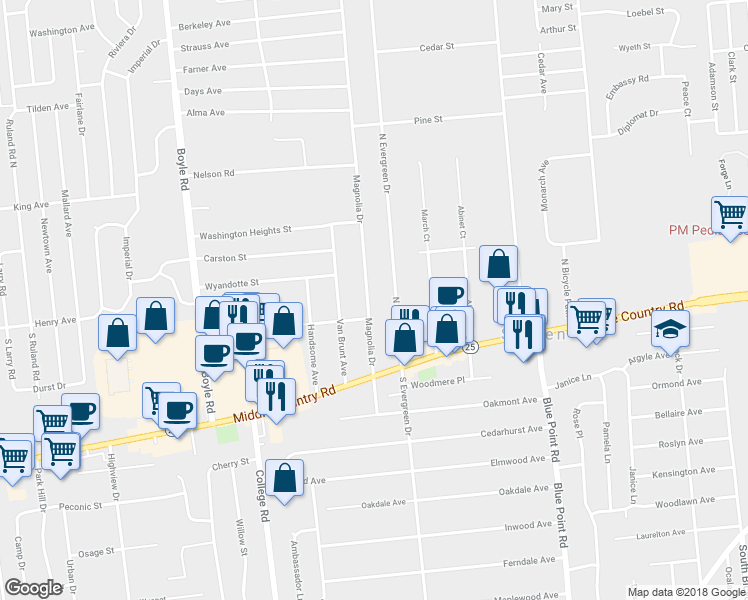 map of restaurants, bars, coffee shops, grocery stores, and more near 45 Magnolia Drive in Selden