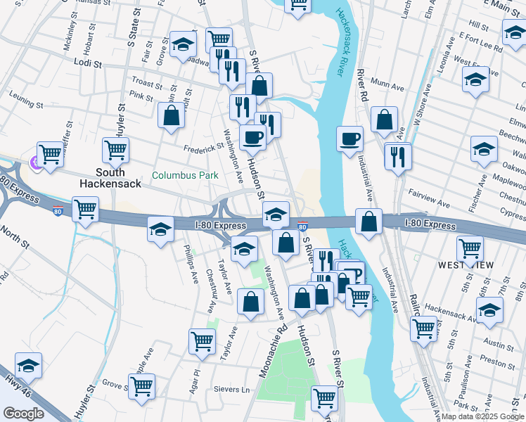 map of restaurants, bars, coffee shops, grocery stores, and more near 347 Hudson Street in Hackensack